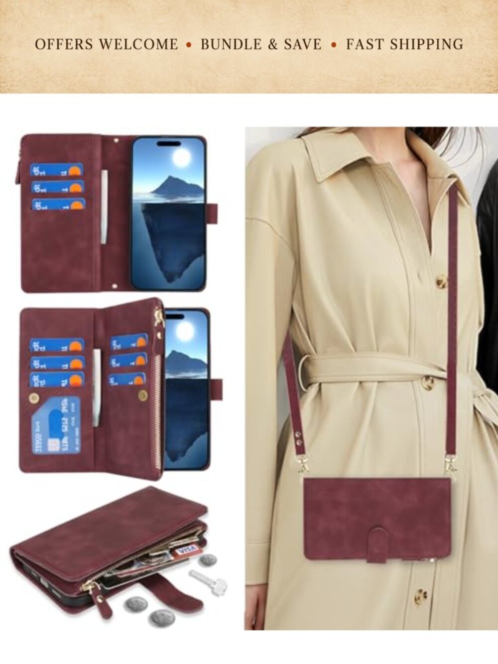 Faux Leather Crossbody Wallet Case with Card Holder for iPhone 16 Plus